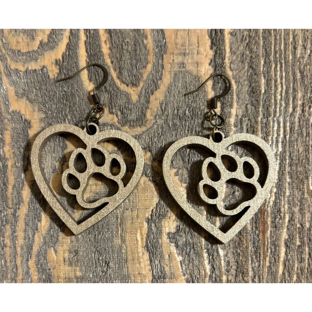 Wood Earrings - 1.5" x 1.5" - Paw in Heart - Old Gold - E089-07